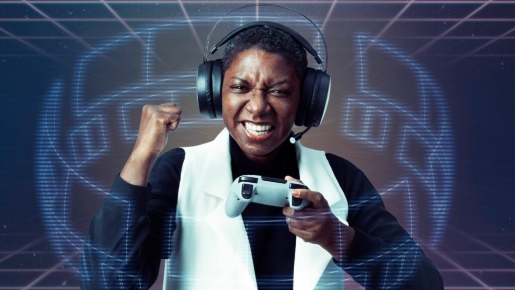 A picture of an dark skin woman playing games